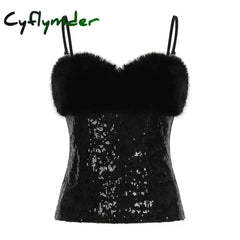 Cyflymder club outfits Y2k Baddie Sequin Spliced Faux Collar Women’s Tanks Sleeveless Solid Slim Fit Fashion Sexy Gyaru