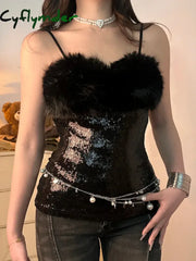 Cyflymder club outfits Y2k Baddie Sequin Spliced Faux Collar Women’s Tanks Sleeveless Solid Slim Fit Fashion Sexy Gyaru