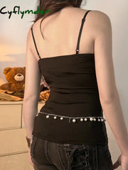 Cyflymder club outfits Y2k Baddie Sequin Spliced Faux Collar Women’s Tanks Sleeveless Solid Slim Fit Fashion Sexy Gyaru