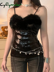 Cyflymder club outfits Y2k Baddie Sequin Spliced Faux Collar Women’s Tanks Sleeveless Solid Slim Fit Fashion Sexy Gyaru