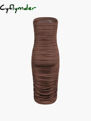 Cyflymder - Cocoa Beans Ruched Tube Midi Dress Dresses