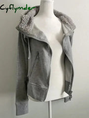 Cyflymder cold weather outfits Grey Faux Fur Wool Double Zipper Jacket Hoodies Women’s Slim Waist Hooded Vintage Y2k