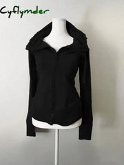 Cyflymder cold weather outfits Grey Faux Fur Wool Double Zipper Jacket Hoodies Women’s Slim Waist Hooded Vintage Y2k