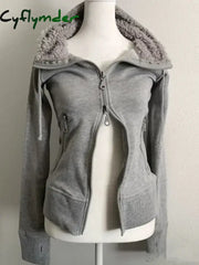 Cyflymder cold weather outfits Grey Faux Fur Wool Double Zipper Jacket Hoodies Women’s Slim Waist Hooded Vintage Y2k