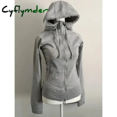 Cyflymder cold weather outfits Grey Faux Fur Wool Double Zipper Jacket Hoodies Women’s Slim Waist Hooded Vintage Y2k