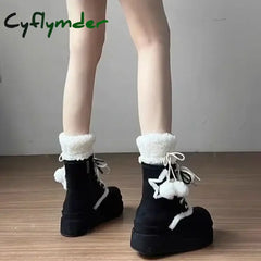 Cyflymder cold weather outfits Shoes for Women High Quality Lace Up Women’s Boots Winter Round Toe Plush Fleece for