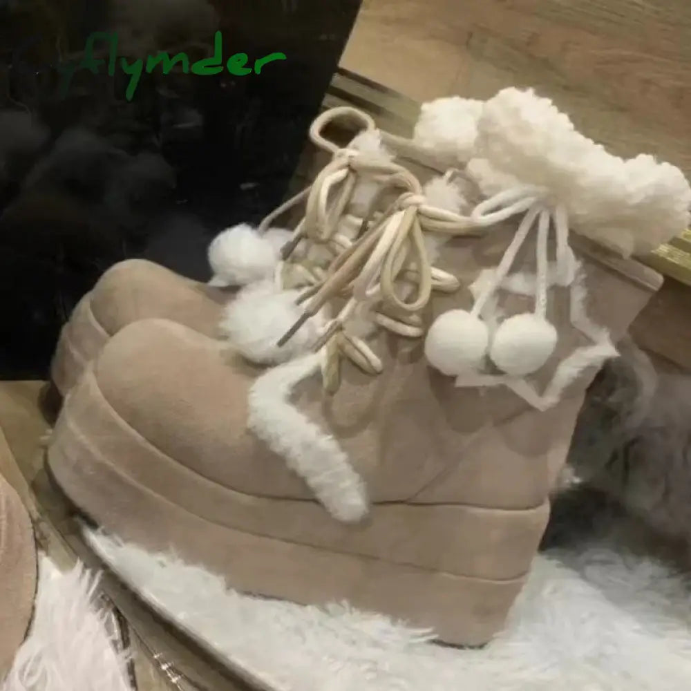 Cyflymder cold weather outfits Shoes for Women High Quality Lace Up Women’s Boots Winter Round Toe Plush Fleece for