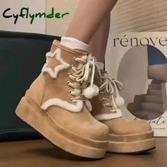 Cyflymder cold weather outfits Shoes for Women High Quality Lace Up Women’s Boots Winter Round Toe Plush Fleece for