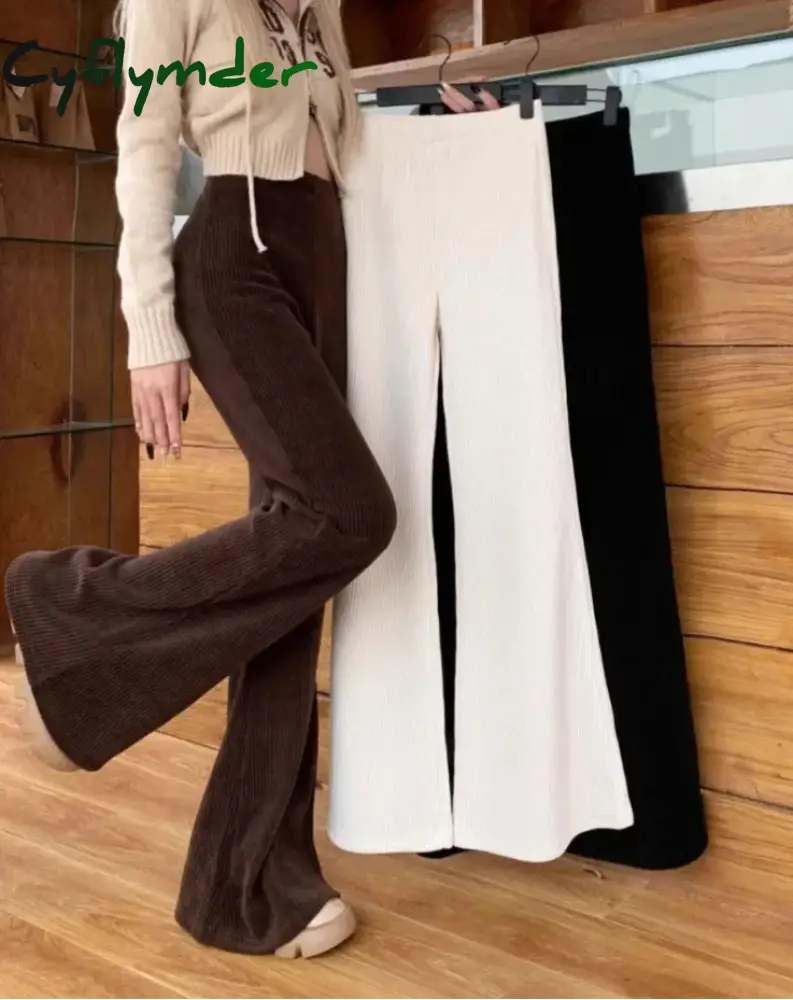 Cyflymder cold weather outfits Solid Corduroy Flare Pants Women Drape Slender Slimming Elastic Waist Designed Korean