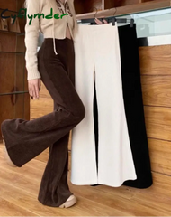 Cyflymder cold weather outfits Solid Corduroy Flare Pants Women Drape Slender Slimming Elastic Waist Designed Korean
