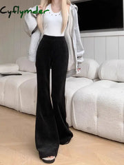 Cyflymder cold weather outfits Solid Corduroy Flare Pants Women Drape Slender Slimming Elastic Waist Designed Korean