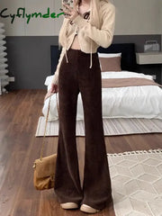 Cyflymder cold weather outfits Solid Corduroy Flare Pants Women Drape Slender Slimming Elastic Waist Designed Korean