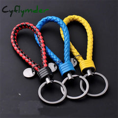 Cyflymder Colorful Pu Leather Braided Woven Rope Keychains Double Rings Fit Diy Bag Pendant Key