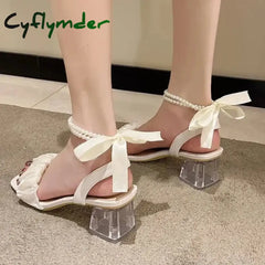 Cyflymder Comfort Shoes for Women Block Heels Pearl Sandals Med Suit Female Beige All-Match Chunky Girls Medium Clear