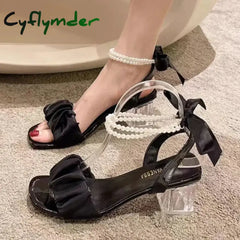 Cyflymder Comfort Shoes for Women Block Heels Pearl Sandals Med Suit Female Beige All-Match Chunky Girls Medium Clear