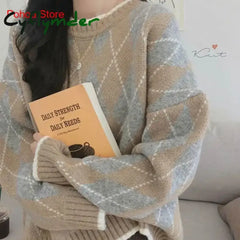 Cyflymder comfy outfits winter Winter Argyle Loose Knitted Sweater Pullovers Sweater Korean College Style Women Jumper