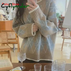 Cyflymder comfy outfits winter Winter Argyle Loose Knitted Sweater Pullovers Sweater Korean College Style Women Jumper