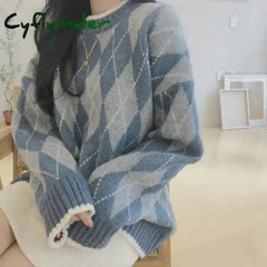 Cyflymder comfy outfits winter Winter Argyle Loose Knitted Sweater Pullovers Sweater Korean College Style Women Jumper