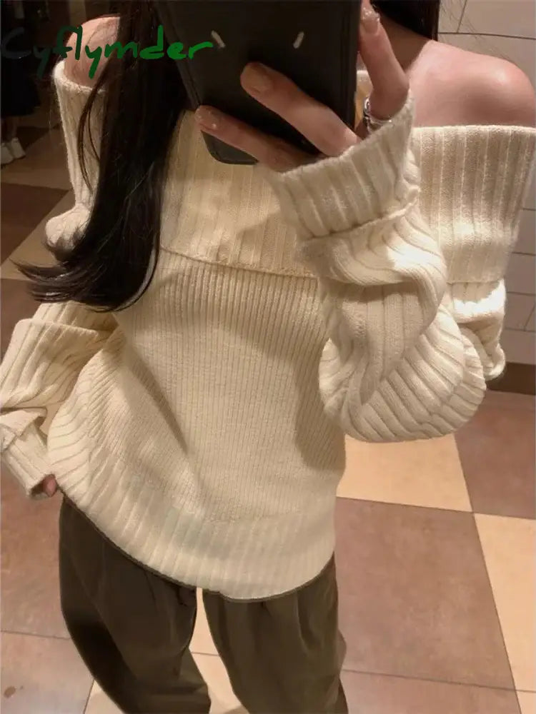 Cyflymder comfy outfits winter Vintage Off Shoulder Sweater Women Solid Elegant Sexy Knitwear Long Sleeve Jumper Slash