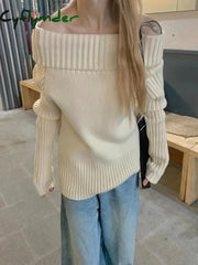Cyflymder comfy outfits winter Vintage Off Shoulder Sweater Women Solid Elegant Sexy Knitwear Long Sleeve Jumper Slash