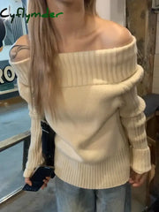 Cyflymder comfy outfits winter Vintage Off Shoulder Sweater Women Solid Elegant Sexy Knitwear Long Sleeve Jumper Slash