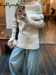 Cyflymder comfy outfits winter Vintage Off Shoulder Sweater Women Solid Elegant Sexy Knitwear Long Sleeve Jumper Slash
