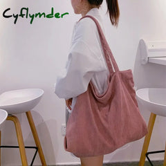 Cyflymder Corduroy Bag For Women Shopper Canvas Shoulder Tote Zipper Environmental Storage Large
