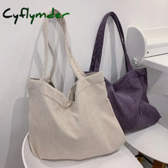 Cyflymder Corduroy Bag For Women Shopper Canvas Shoulder Tote Zipper Environmental Storage Large