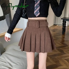 Cyflymder Corduroy Pleated Mini Skirts Women High Waist Preppy Style Slim Short Korean Fashion