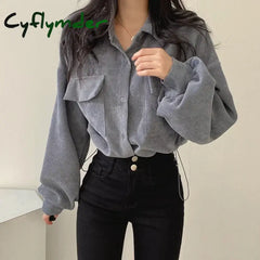 Cyflymder Corduroy Women Casual Shirts Autumn Korean Retro Pockets Female Blouse Bandage All Match