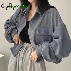Cyflymder Corduroy Women Casual Shirts Autumn Korean Retro Pockets Female Blouse Bandage All Match