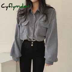 Cyflymder Corduroy Women Casual Shirts Autumn Korean Retro Pockets Female Blouse Bandage All Match