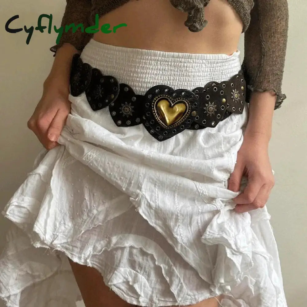 Cyflymder Cottage Vintage Heart Shape Belts Women Pu Leather Adjustable Brown Sashes Y2K Grunge
