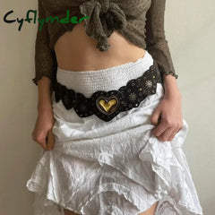 Cyflymder Cottage Vintage Heart Shape Belts Women Pu Leather Adjustable Brown Sashes Y2K Grunge