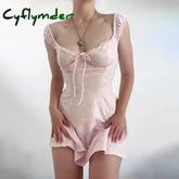 Cyflymder Cottage Vintage Mini Dress Floral Print Low Cut Tie Up Frill Sleeveless A-Line Aesthetic