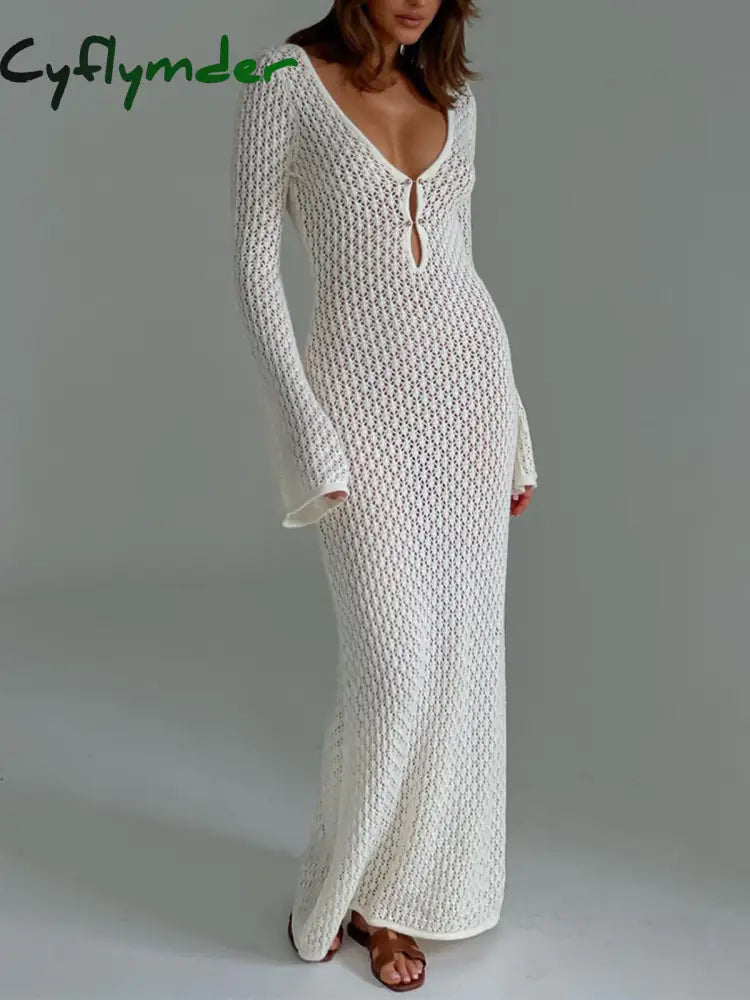 Cyflymder - Cover Up Long Sleeve Open Back Dress White / Xs Sweater Dresses