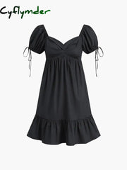 Cyflymder - Cowboy Puff Sleeve Ruched Short Dress Dresses