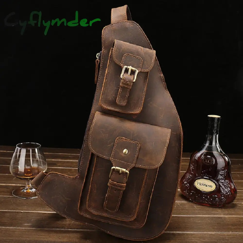 Cyflymder Crazy Horse Leather Big Chest Bag Genuine Sling Mans Pack Crossbody Bags For Men Sports
