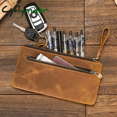 Cyflymder Crazy Horse Leather Zipper Wallet Simple Style Coin Purse With Key Chain For Car Key Purse Genuine Leather
