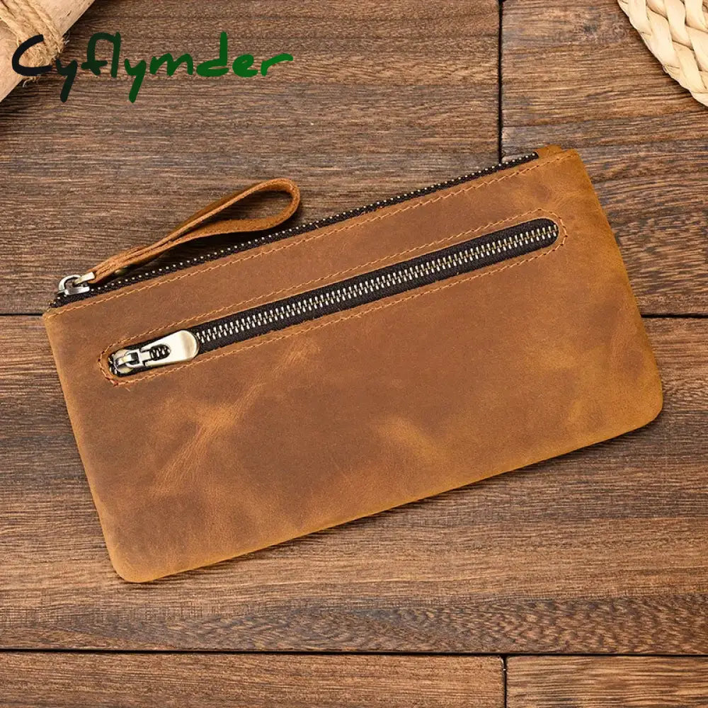 Cyflymder Crazy Horse Leather Zipper Wallet Simple Style Coin Purse With Key Chain For Car Key Purse Genuine Leather