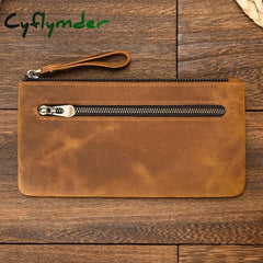 Cyflymder Crazy Horse Leather Zipper Wallet Simple Style Coin Purse With Key Chain For Car Key Purse Genuine Leather