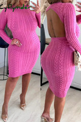 Cyflymder - Cream White Casual Solid Backless O Neck Long Sleeve Dresses