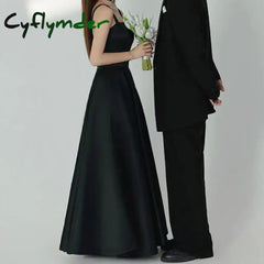 Cyflymder Customized A-line Wedding Dresses Fashion Spaghetti Straps Long Bridal Dress Black Satin Simple Elegant
