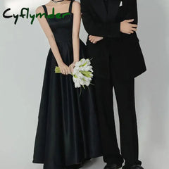 Cyflymder Customized A-line Wedding Dresses Fashion Spaghetti Straps Long Bridal Dress Black Satin Simple Elegant