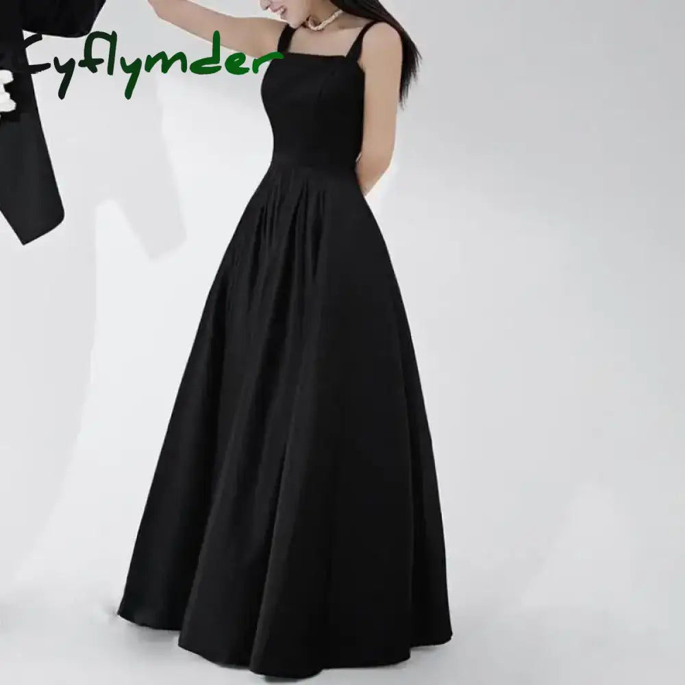 Cyflymder Customized A-line Wedding Dresses Fashion Spaghetti Straps Long Bridal Dress Black Satin Simple Elegant