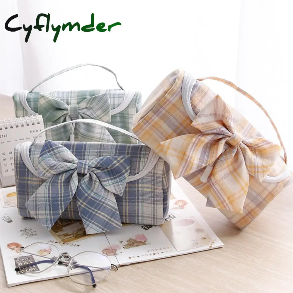 Cyflymder Cute Canvas School Pencil Cases Striped Lattice Bow Kawaii Bag Jk Pen Pouch Pensil Case