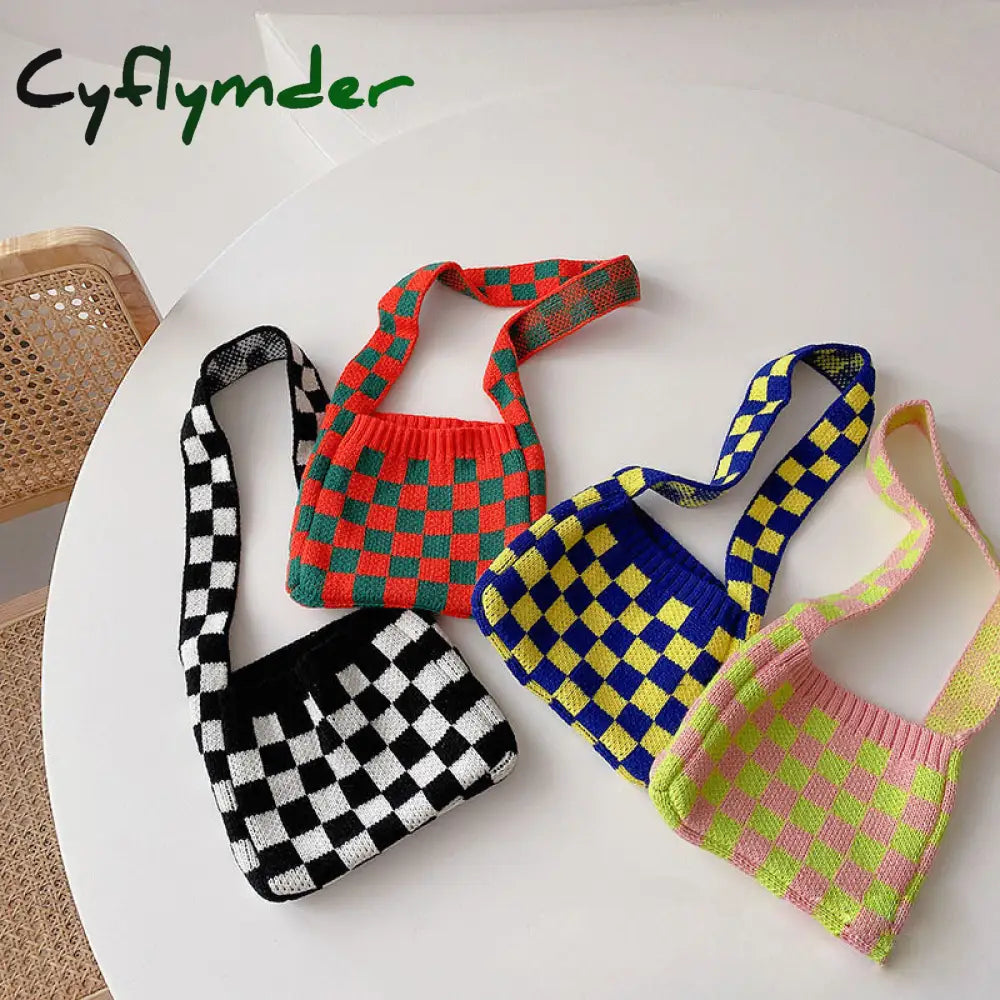 Cyflymder Cute Children Knitted Woolen Shoulder Bags Lovely Cherry Plaid Baby Kids Small Purse