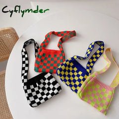 Cyflymder Cute Children Knitted Woolen Shoulder Bags Lovely Cherry Plaid Baby Kids Small Purse
