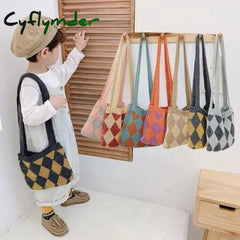 Cyflymder Cute Children Knitted Woolen Shoulder Bags Lovely Cherry Plaid Baby Kids Small Purse