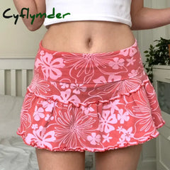 Cyflymder Cute Girl Pink Mini Skirt Y2K Aesthetic Floral Print Ruffles High Waist A-Line Tennis